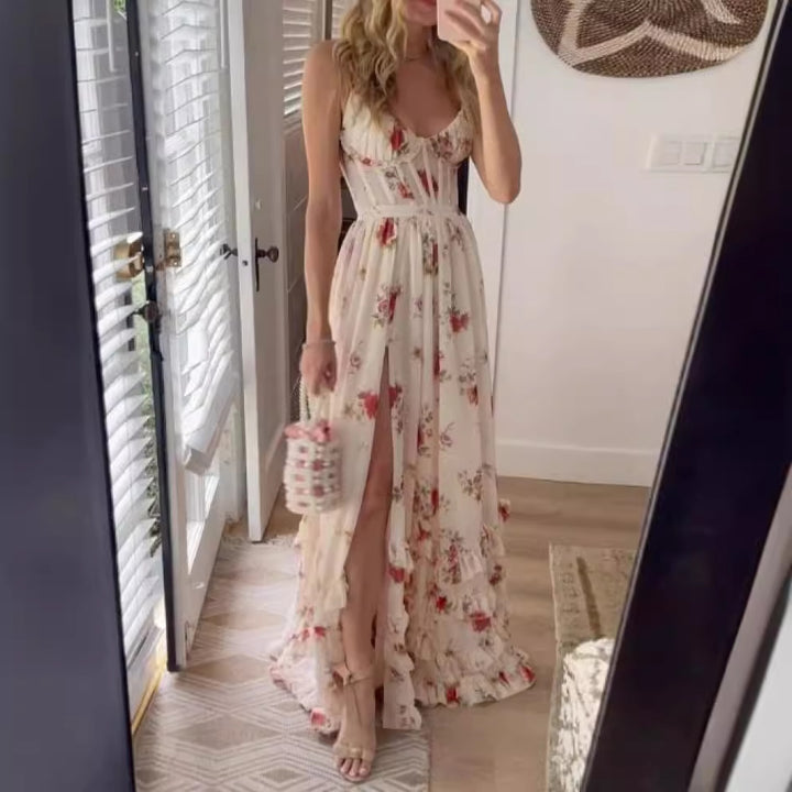 Kvinnors maxiklänning med floral spetsöverdel och hög slits Mirla-Eva Jonsson