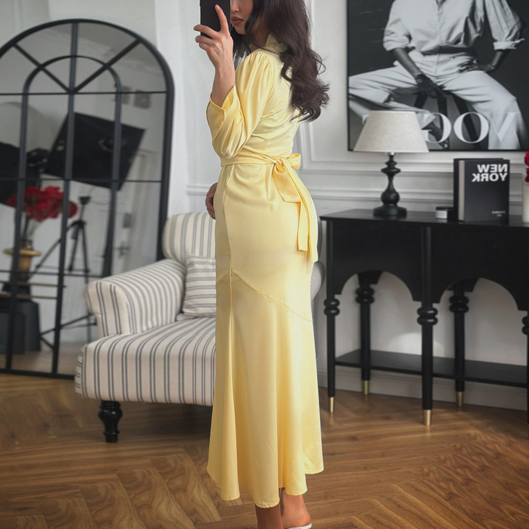 Kvinnors maxiklänning med knapplist och eleganta puffärmar-Eva Jonsson