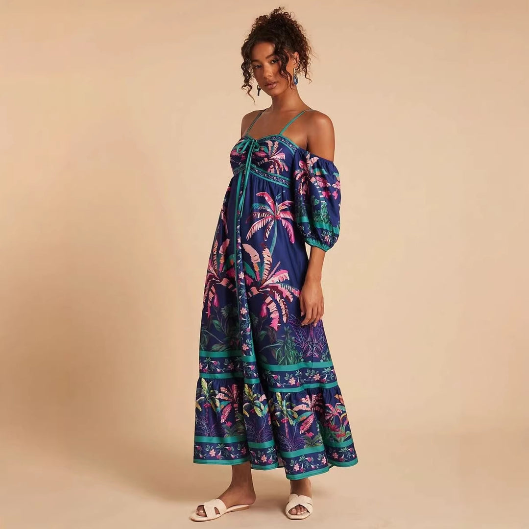 Kvinnors maxiklänning med off-shoulder design och tropisk tryck Mirla-Eva Jonsson