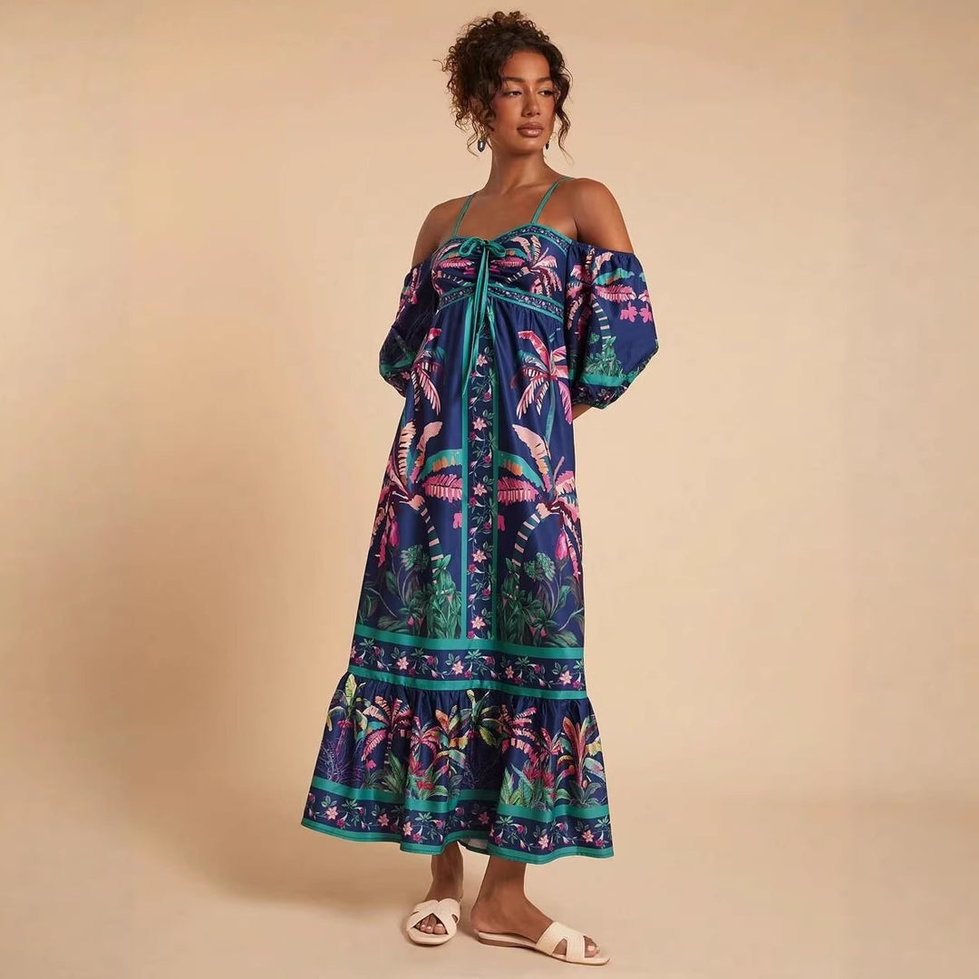 Kvinnors maxiklänning med off-shoulder design och tropisk tryck Mirla-Eva Jonsson