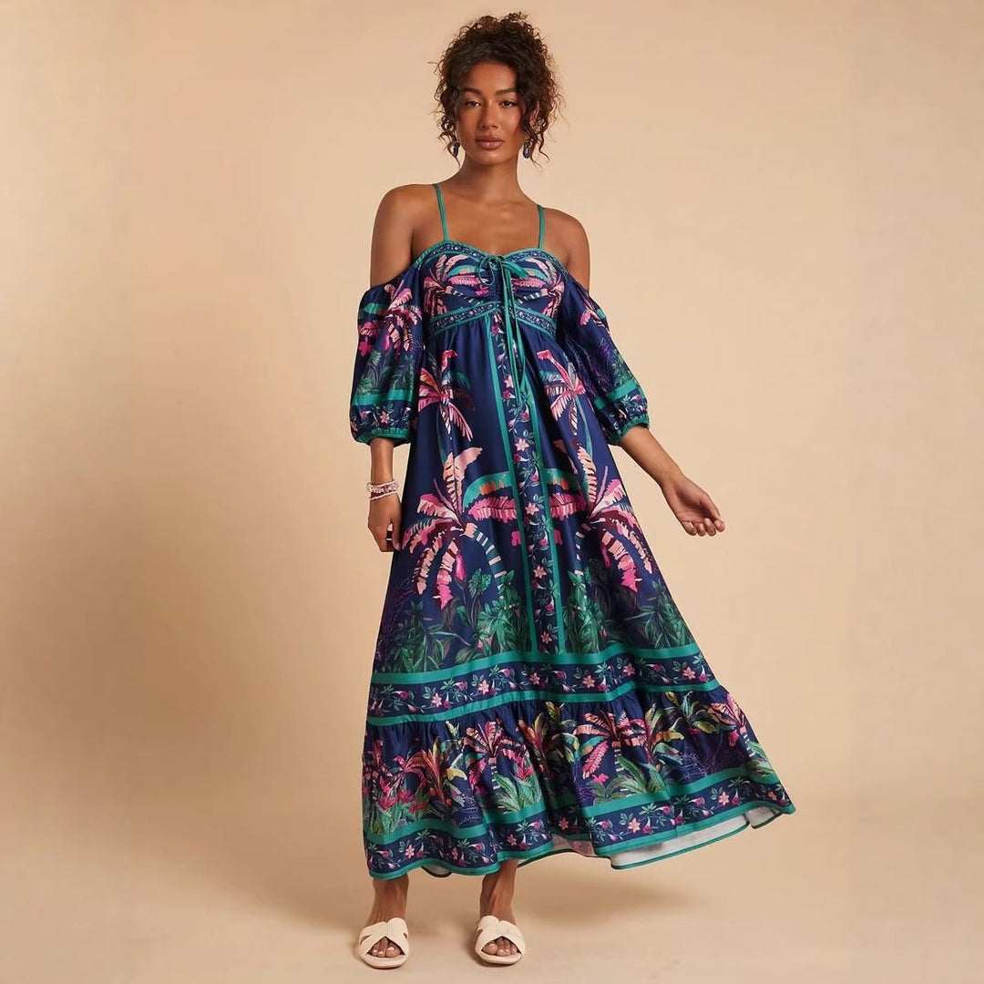 Kvinnors maxiklänning med off-shoulder design och tropisk tryck Mirla-Eva Jonsson