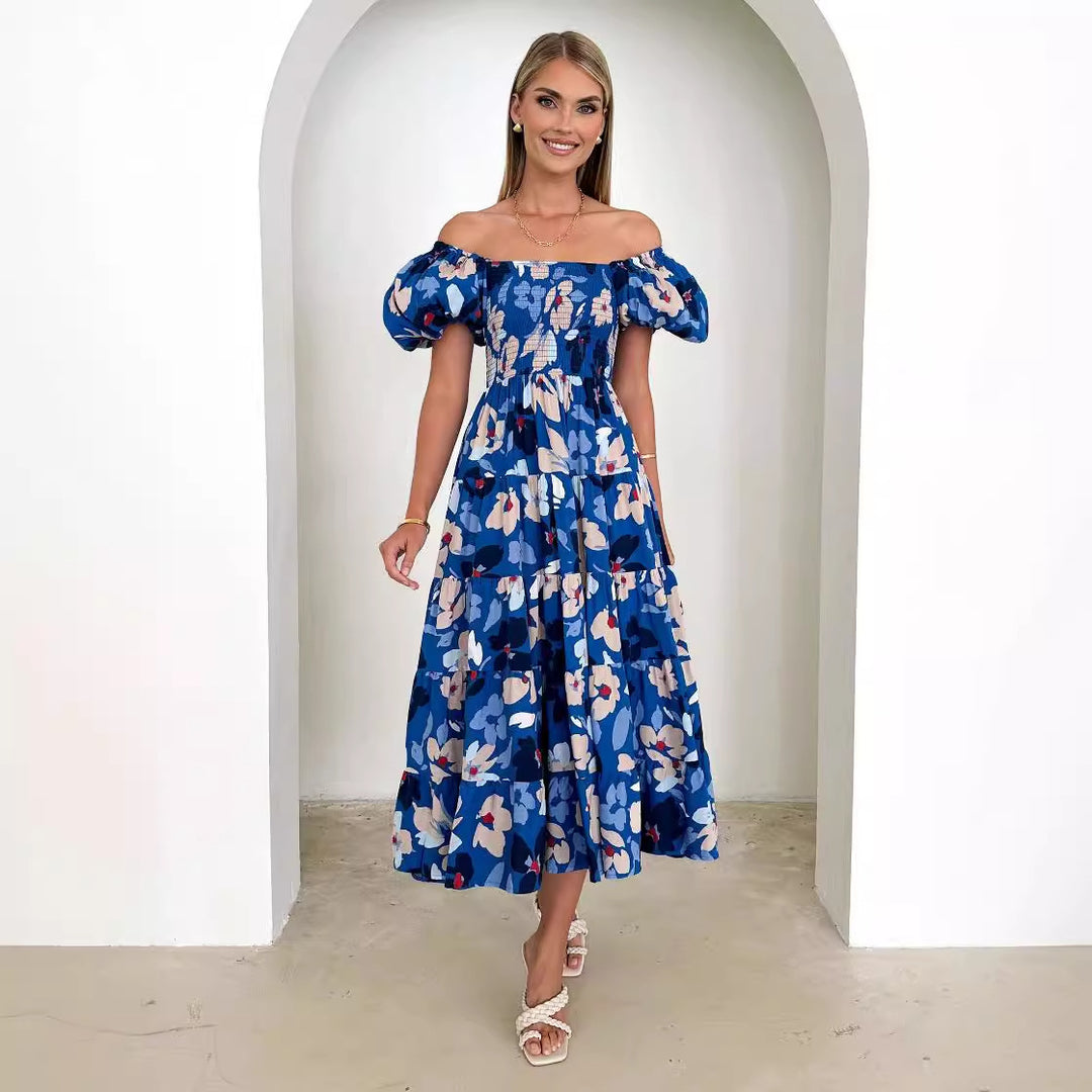 Kvinnors maxiklänning med puffärmar och blommig smugging-Eva Jonsson