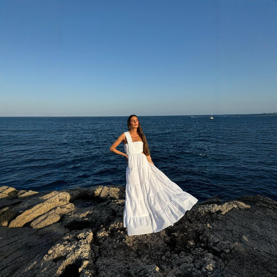 Kvinnors maxiklänning med volanglager och elastisk bodice-Eva Jonsson