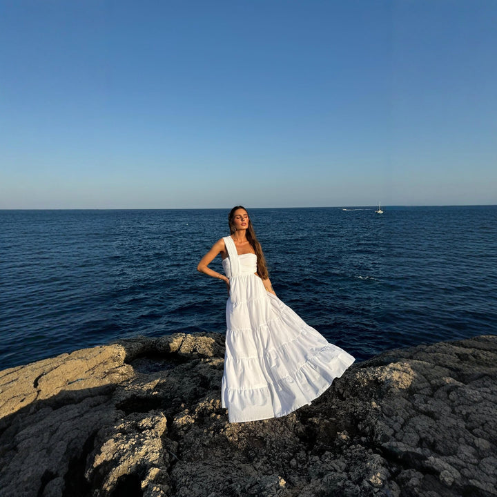 Kvinnors maxiklänning med volanglager och elastisk bodice-Eva Jonsson