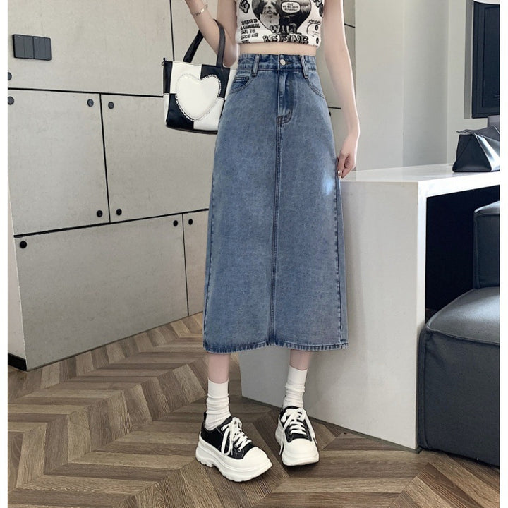 Kvinnors midi denimkjol med främre slits Mirla-Eva Jonsson
