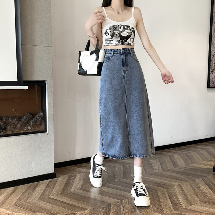 Kvinnors midi denimkjol med främre slits Mirla-Eva Jonsson
