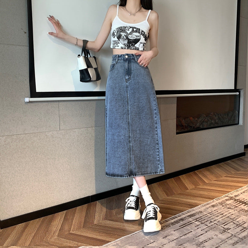 Kvinnors midi denimkjol med främre slits Mirla-Eva Jonsson