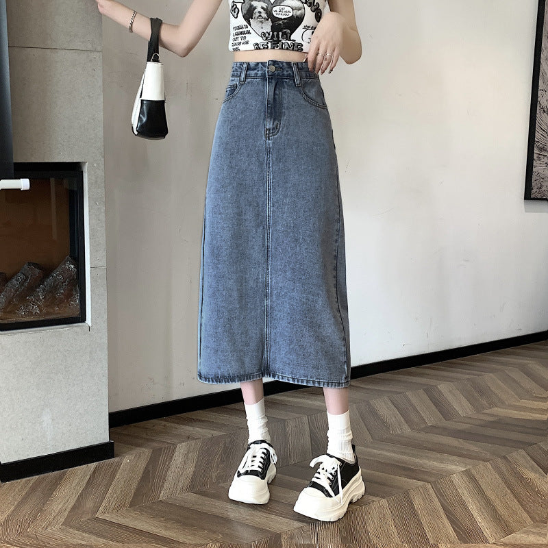 Kvinnors midi denimkjol med främre slits Mirla-Eva Jonsson