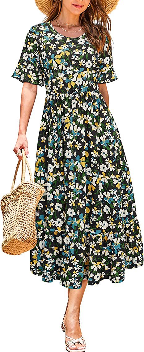 Kvinnors midi-klänning med blommönster och volangslipning Mirla-Eva Jonsson