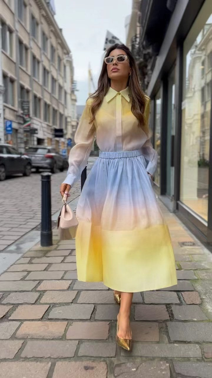 Kvinnors midikjol med romantisk gradient och elastisk midjeband Mirla-Eva Jonsson