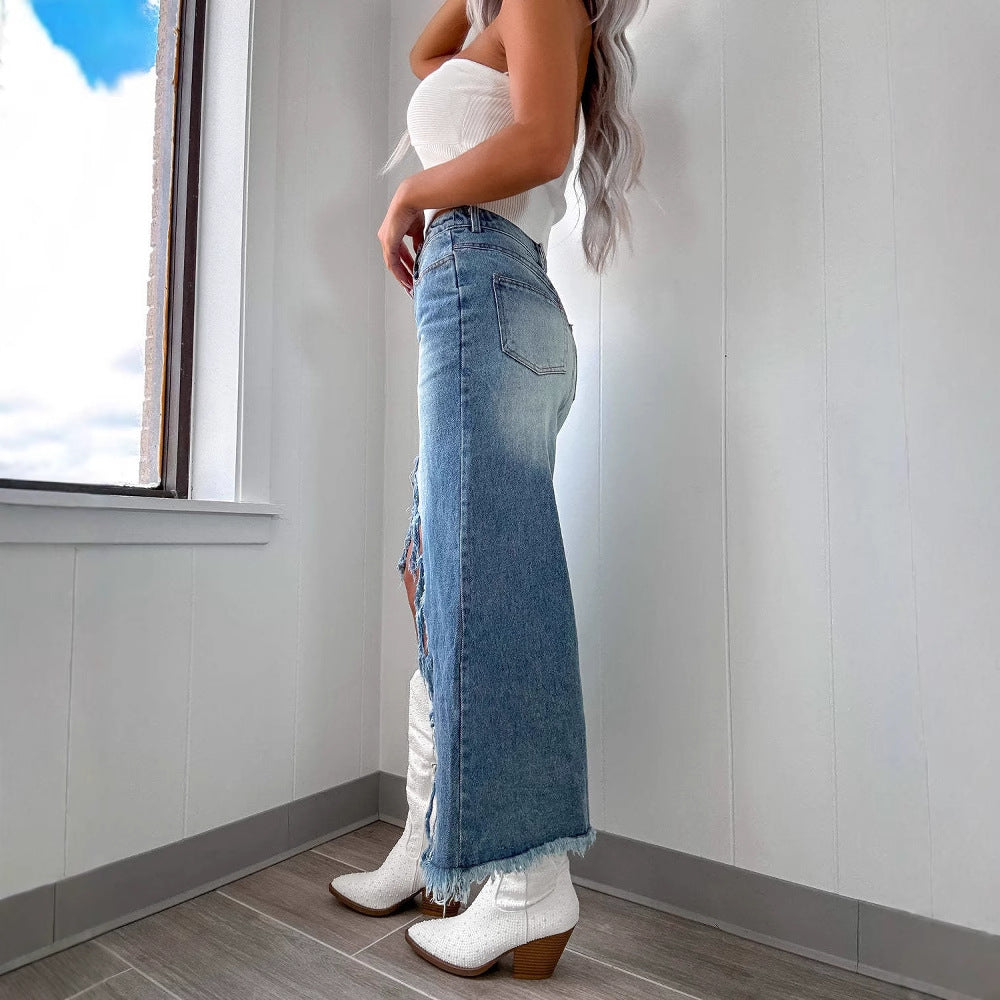 Kvinnors midilång denimkjol med delvis fransad nederkant och hög slits Mirla-Eva Jonsson