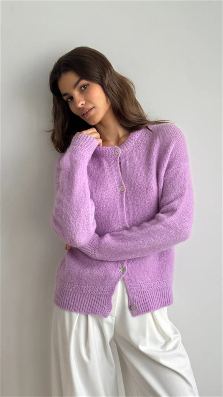Kvinnors mjuka stickade cardigan med knäppning och voluminösa ärmar Mirla-Eva Jonsson