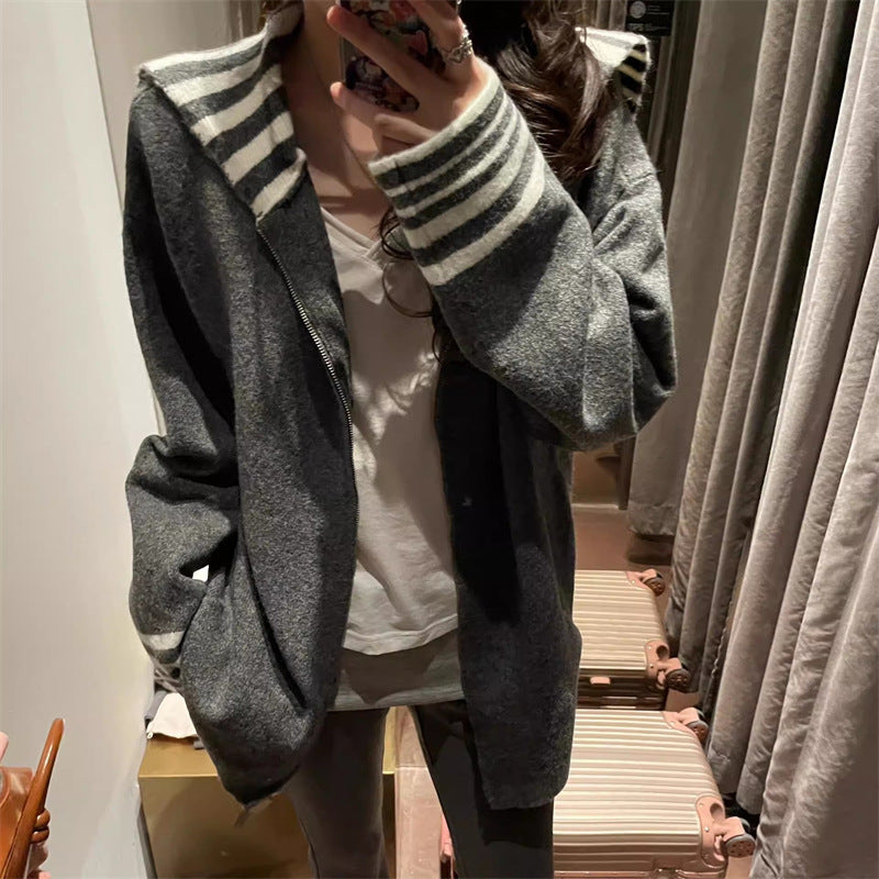 Kvinnors mode avslappnad cardigan med randiga ärmmanchetter Mirla-Eva Jonsson