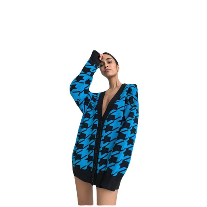 Kvinnors mode cardigan i houndstooth-mönster Mirla-Eva Jonsson