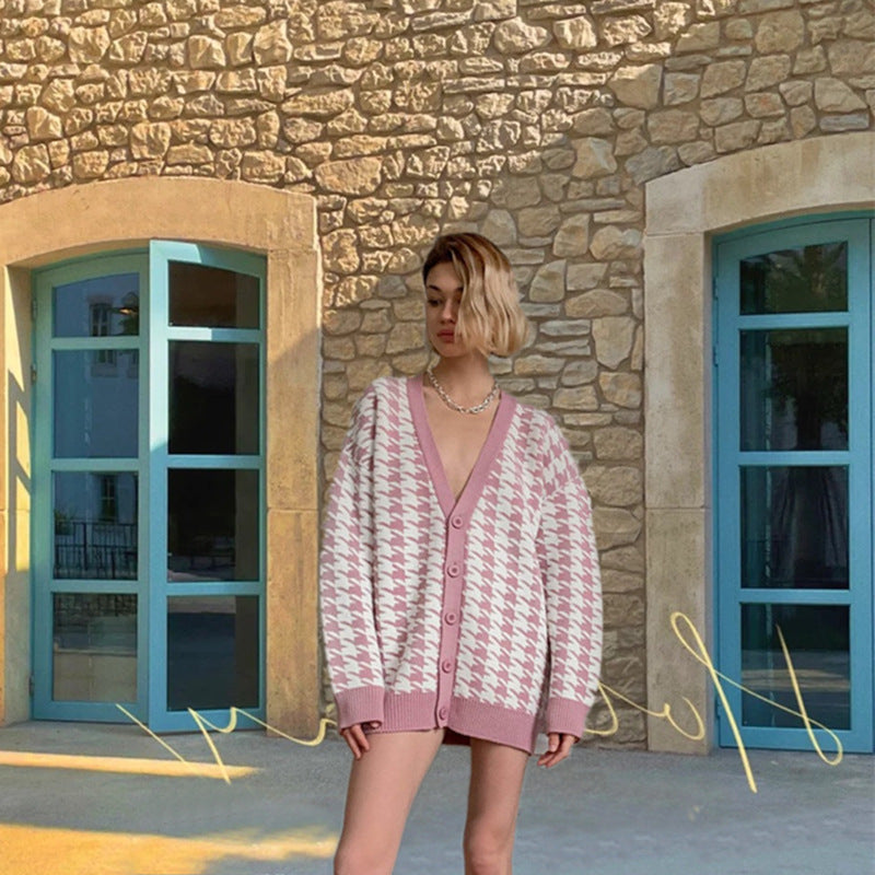 Kvinnors mode cardigan i houndstooth-mönster Mirla-Eva Jonsson
