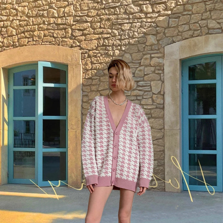 Kvinnors mode cardigan i houndstooth-mönster Mirla-Eva Jonsson