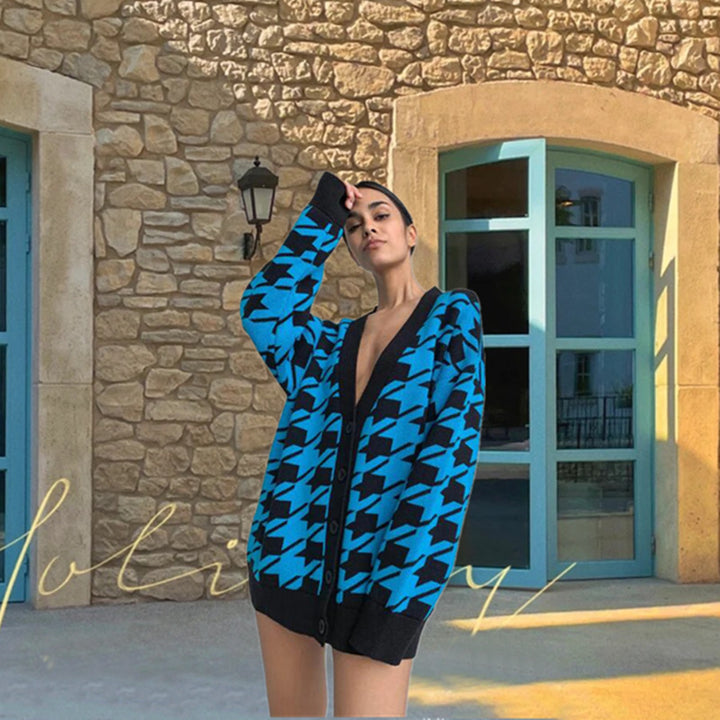 Kvinnors mode cardigan i houndstooth-mönster Mirla-Eva Jonsson