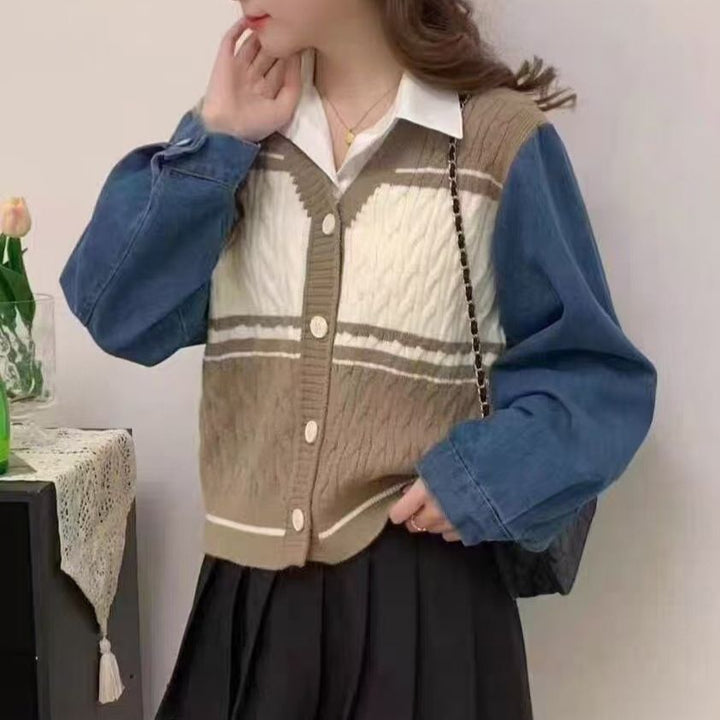 Kvinnors mode cardigan med denimärmar Mirla-Eva Jonsson