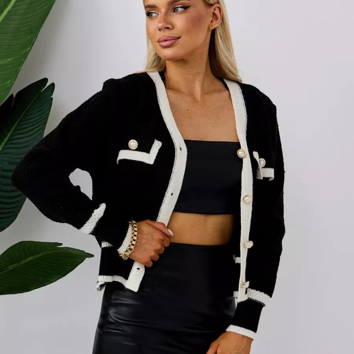 Kvinnors mode cardigan med eleganta pärlknappar och fickor Mirla-Eva Jonsson