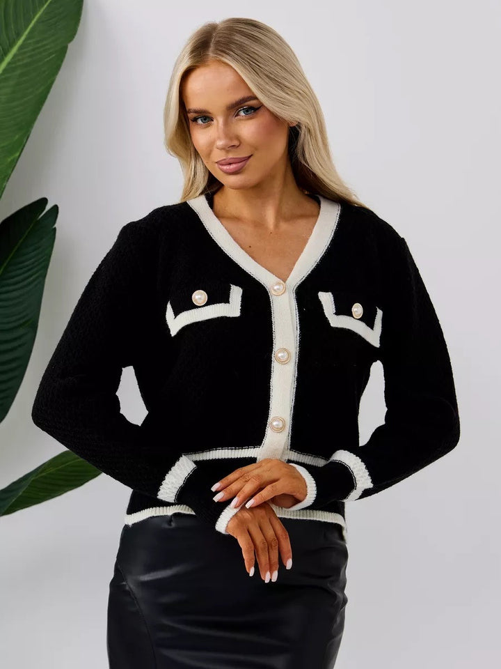 Kvinnors mode cardigan med eleganta pärlknappar och fickor Mirla-Eva Jonsson
