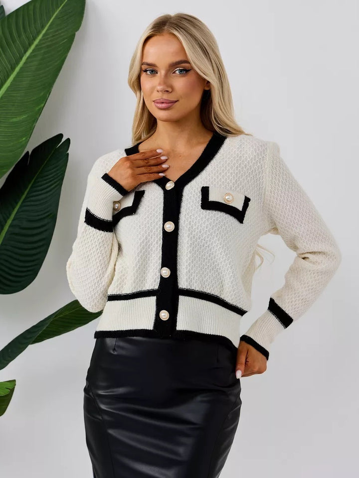 Kvinnors mode cardigan med eleganta pärlknappar och fickor Mirla-Eva Jonsson