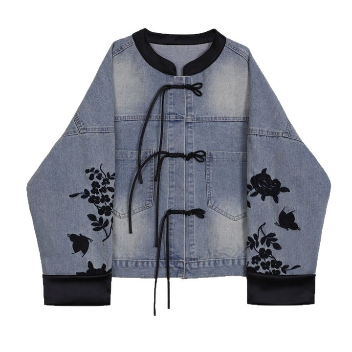 Kvinnors mode denimjacka med blommig broderi och eleganta ärmslut-Eva Jonsson