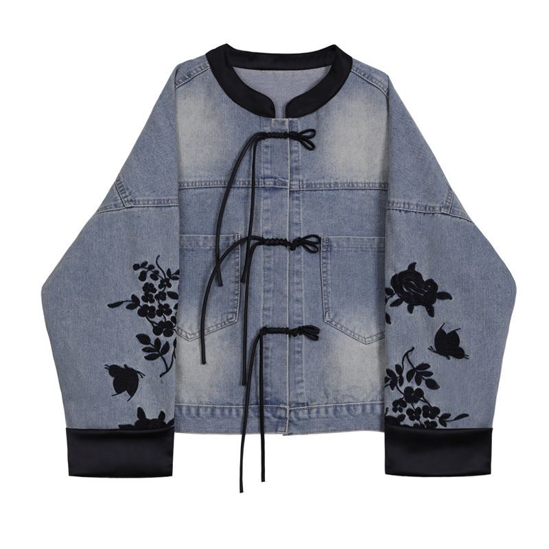Kvinnors mode denimjacka med blommig broderi och eleganta ärmslut-Eva Jonsson