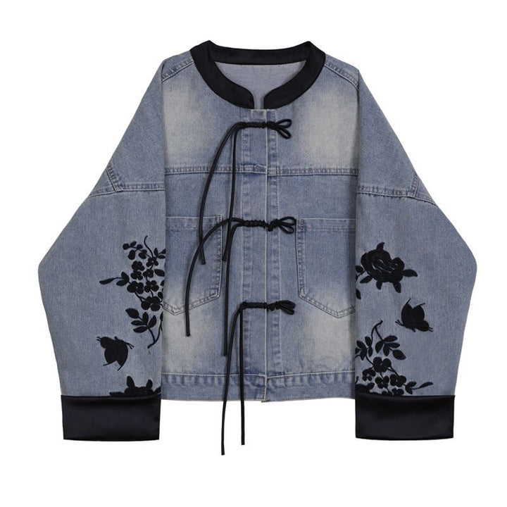 Kvinnors mode denimjacka med blommig broderi och eleganta ärmslut-Eva Jonsson