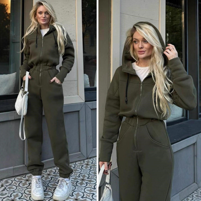 Kvinnors mode fleece jumpsuit med huva och elastisk midja Mirla-Eva Jonsson