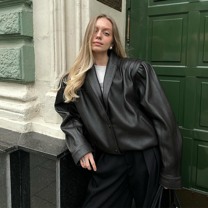 Kvinnors mode läderblazerjacka med puffärmar Mirla-Eva Jonsson