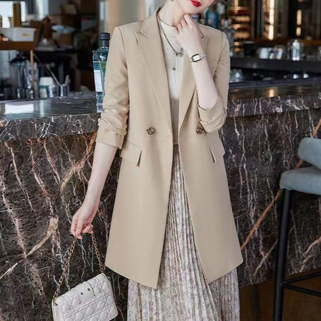 Kvinnors mode lång blazer med dubbel knappslå Mirla-Eva Jonsson