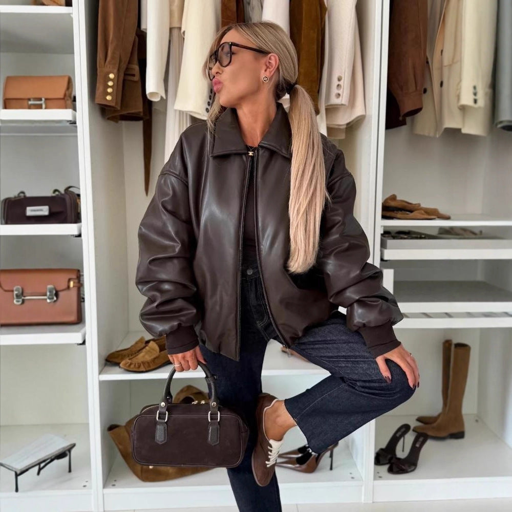 Kvinnors mode oversized läderjacka med djup krage och dragkedja Mirla-Eva Jonsson