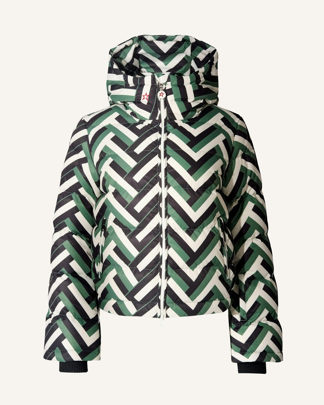 Kvinnors mode quiltad jacka med huva och iögonfallande geometriskt mönster Mirla-Eva Jonsson