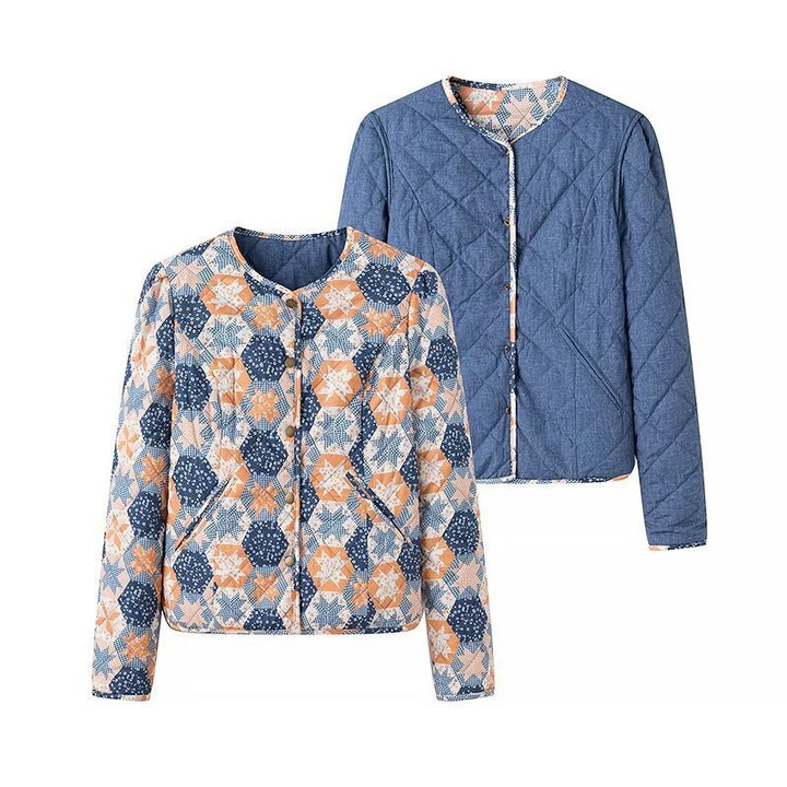 Kvinnors mode vadderad jacka med blommönster och praktiska fickor-Eva Jonsson