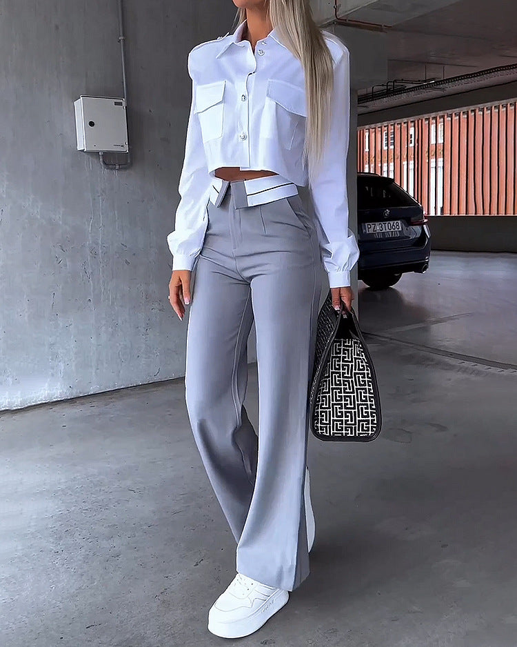Kvinnors modecrop skjorta jacka med stiliga fickor och elegant passform-Eva Jonsson