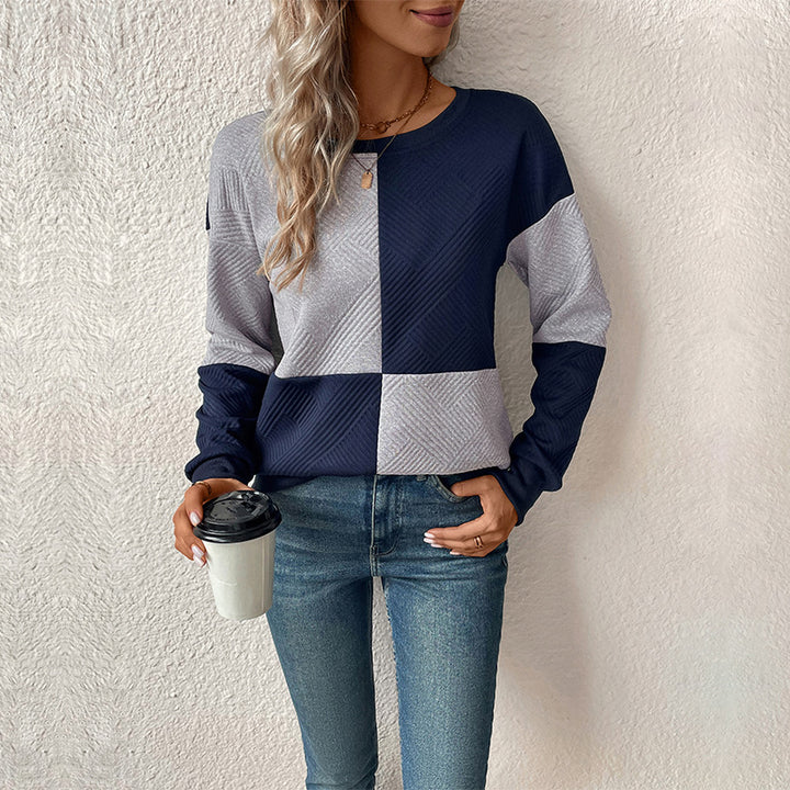 Kvinnors modemedvetna sweatshirt med blockrandigt mönster och rund hals Mirla-Eva Jonsson