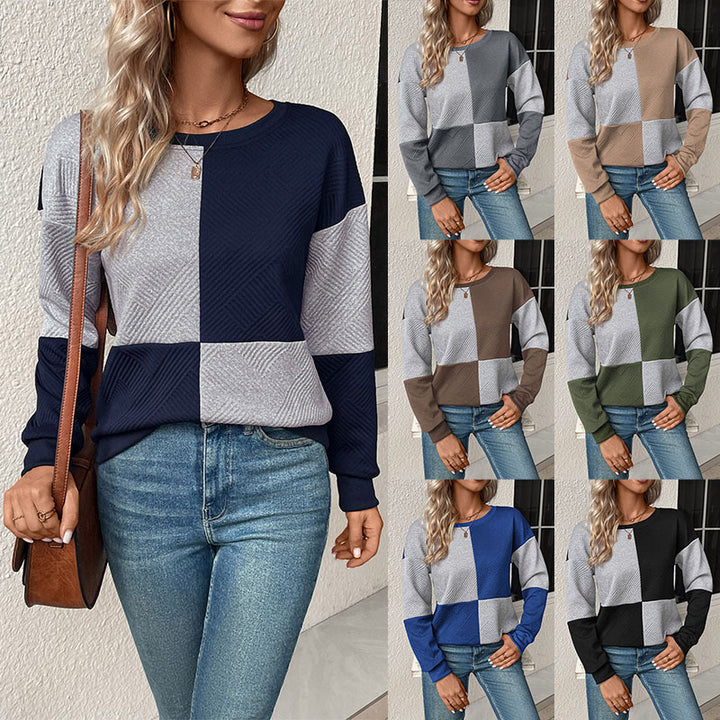 Kvinnors modemedvetna sweatshirt med blockrandigt mönster och rund hals Mirla-Eva Jonsson