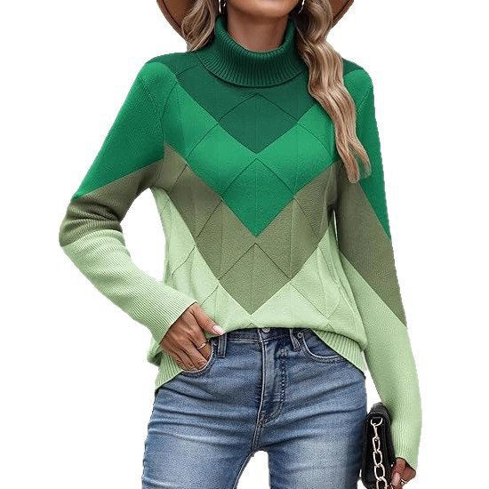 Kvinnors moderiktiga stickade tröja med hög krage och geometrisk design Mirla-Eva Jonsson