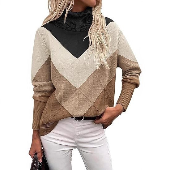 Kvinnors moderiktiga stickade tröja med hög krage och geometrisk design Mirla-Eva Jonsson