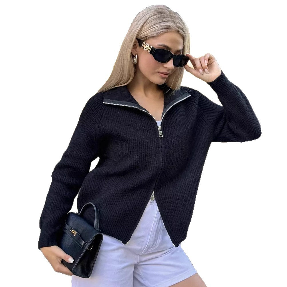 Kvinnors modiga chunky stickad tröja med hög krage och full dragkedja Mirla-Eva Jonsson