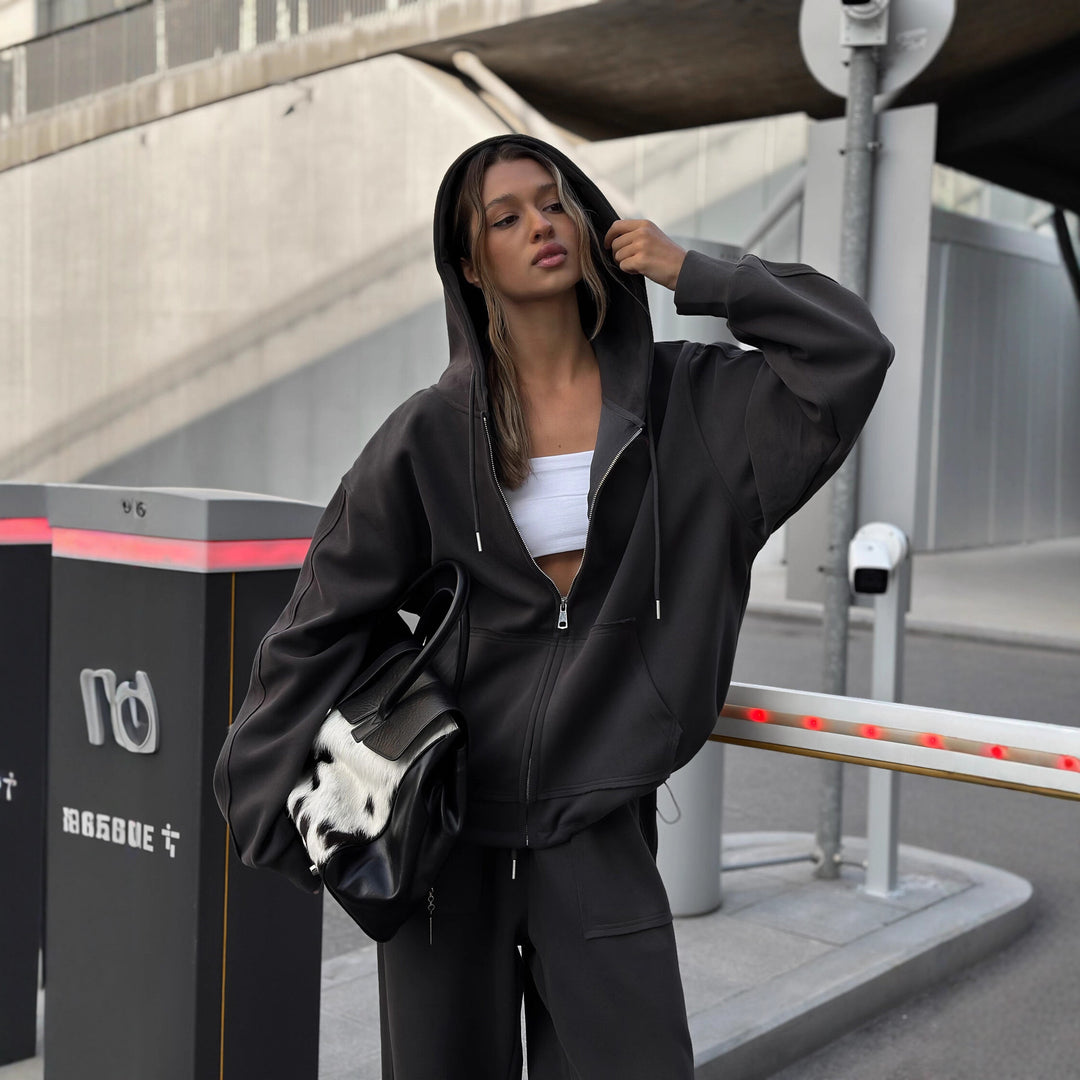 Kvinnors mönstrade oversized sweatshirtjacka med bred skärning och elastisk nederkant Mirla-Eva Jonsson