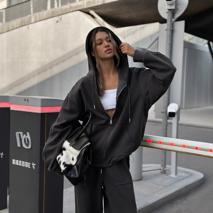 Kvinnors mönstrade oversized sweatshirtjacka med bred skärning och elastisk nederkant Mirla-Eva Jonsson