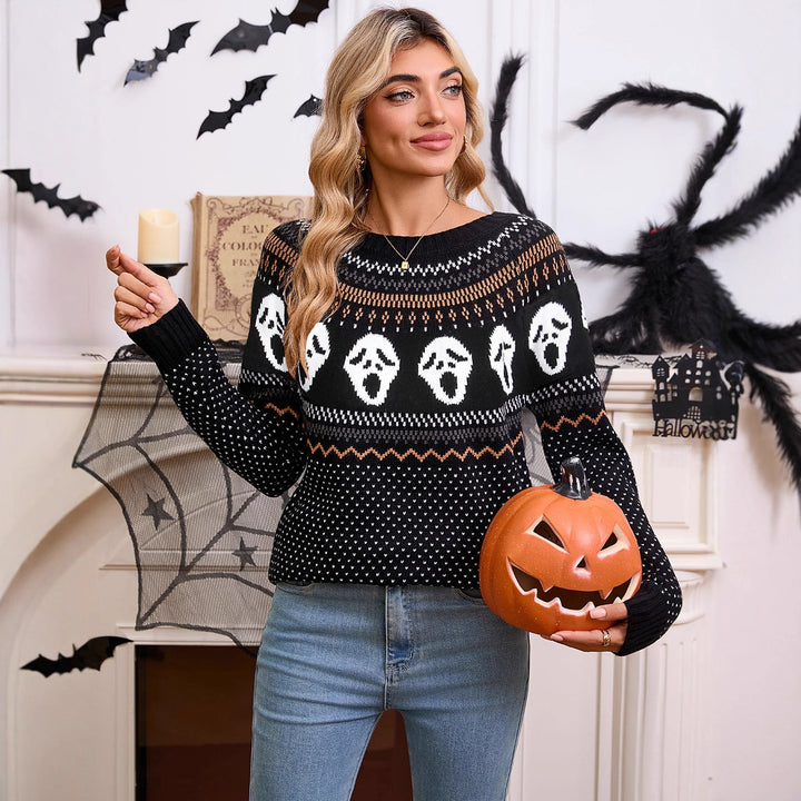 Kvinnors mönstrade stickad tröja med Halloween-motiv Mirla-Eva Jonsson