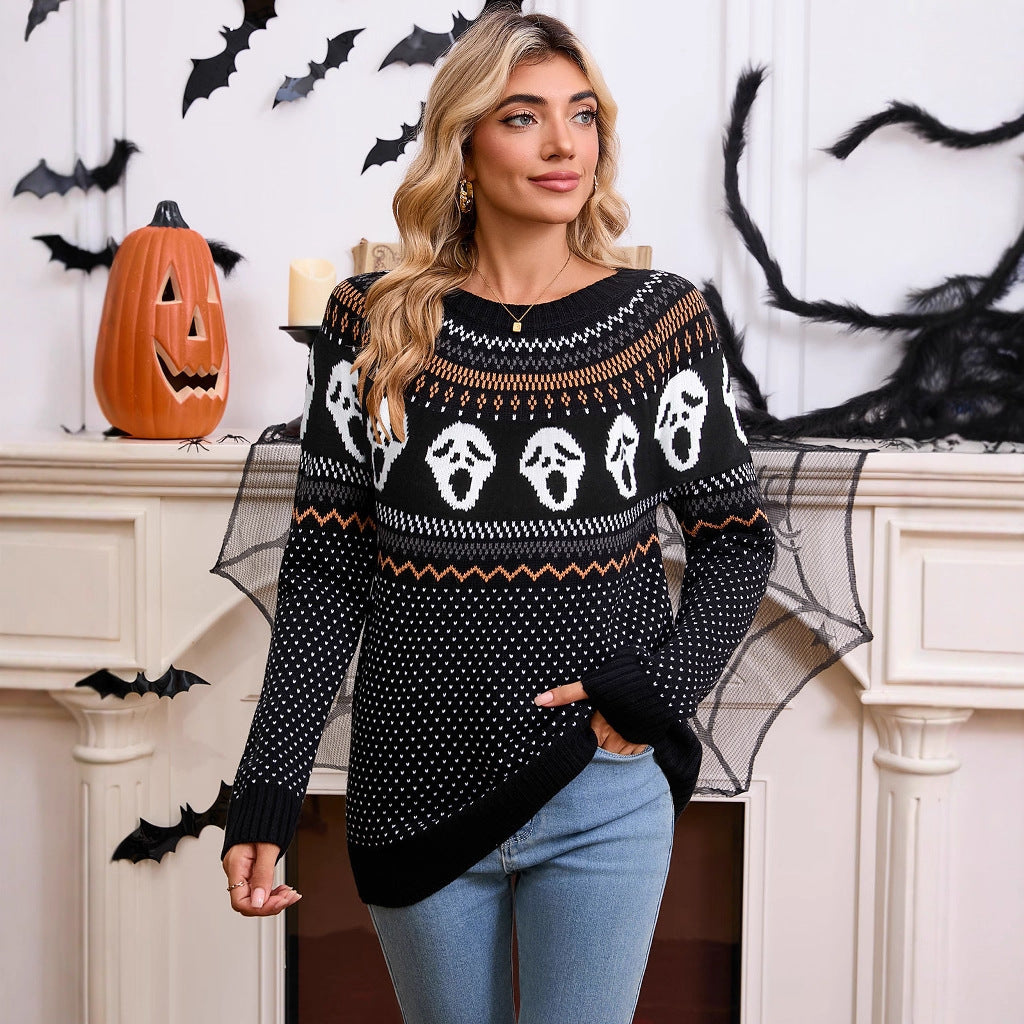 Kvinnors mönstrade stickad tröja med Halloween-motiv Mirla-Eva Jonsson
