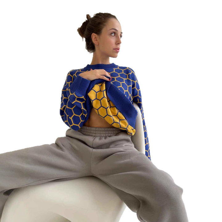 Kvinnors mönstrade sweatshirt med ett sött honungskaka-mönster och lös passform Mirla-Eva Jonsson