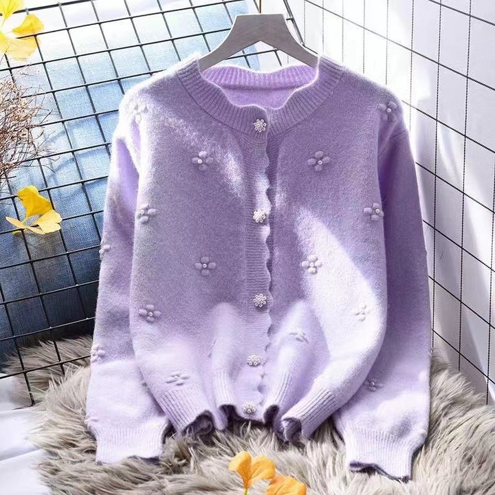 Kvinnors mysiga cardigan med blommönsterapplikationer Mirla-Eva Jonsson