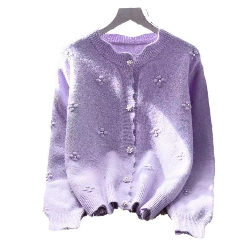 Kvinnors mysiga cardigan med blommönsterapplikationer Mirla-Eva Jonsson