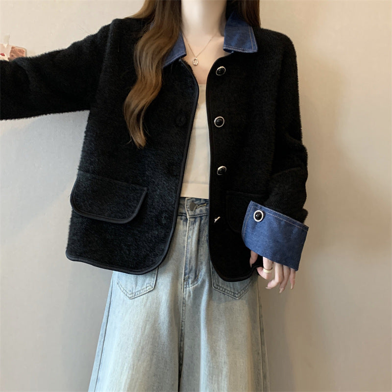 Kvinnors mysiga cardigan med kontrasterande denimärmar Mirla-Eva Jonsson