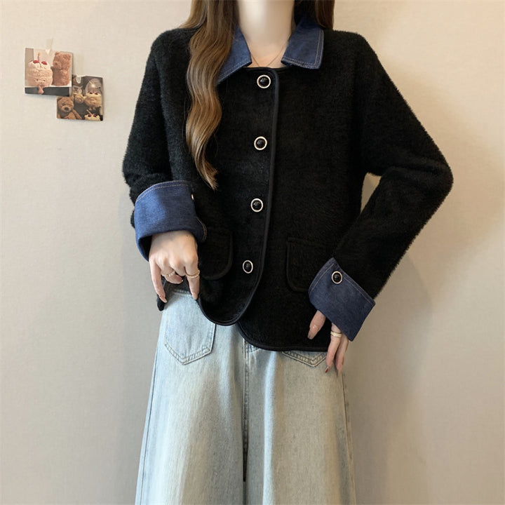 Kvinnors mysiga cardigan med kontrasterande denimärmar Mirla-Eva Jonsson