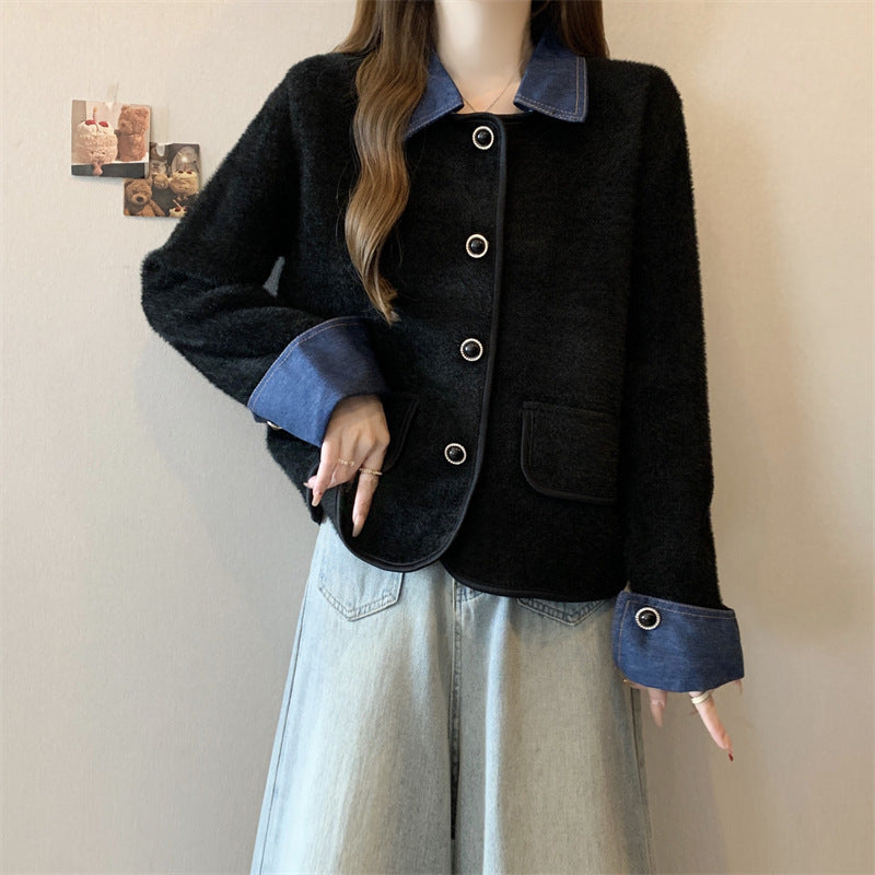 Kvinnors mysiga cardigan med kontrasterande denimärmar Mirla-Eva Jonsson